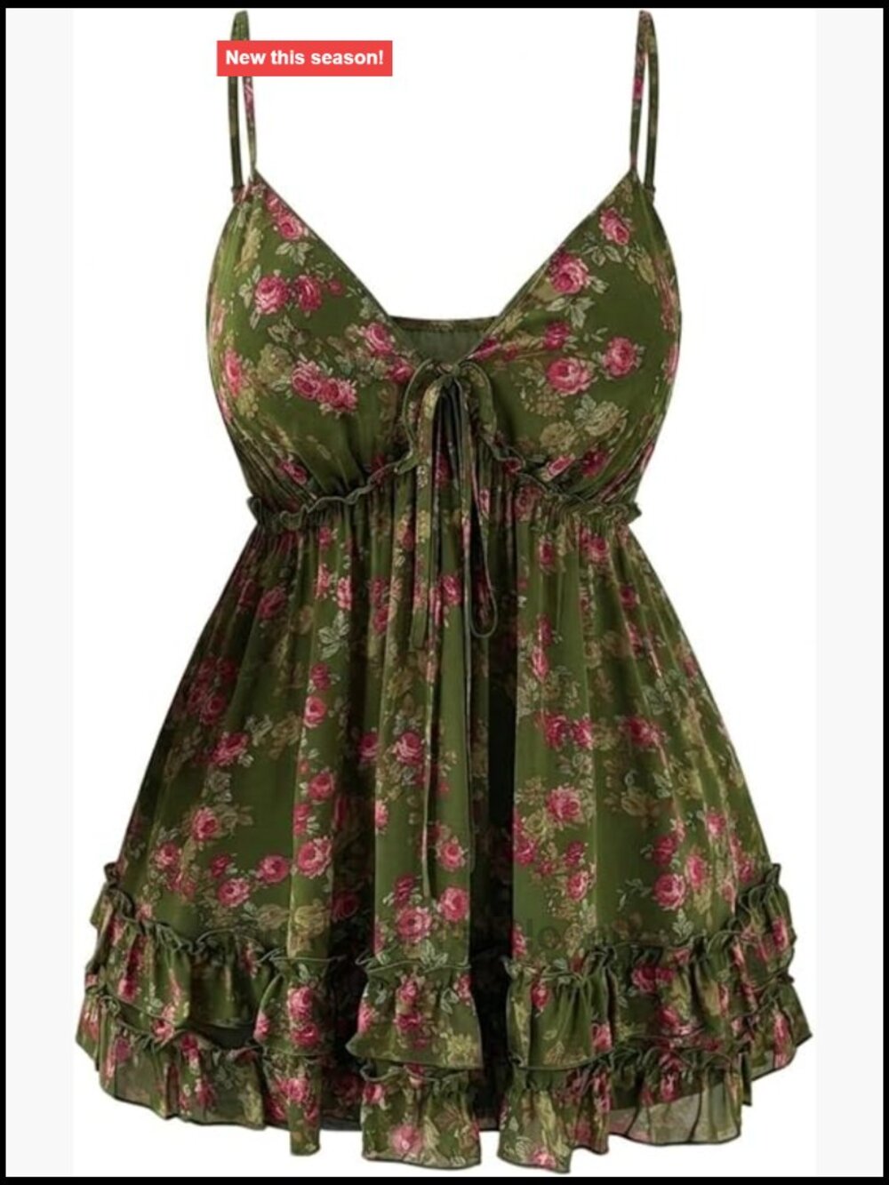 Women Plus Size Floral Lace Cami Tie Front Ruffle Babydoll Top